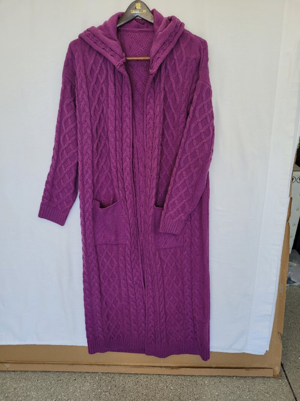 Long Purple Cable knit hooded cardigan with front pockets